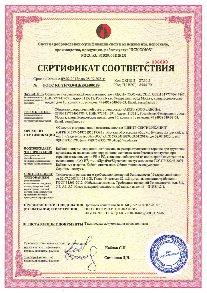 Сертификат пожарной безопасности на кабель канал